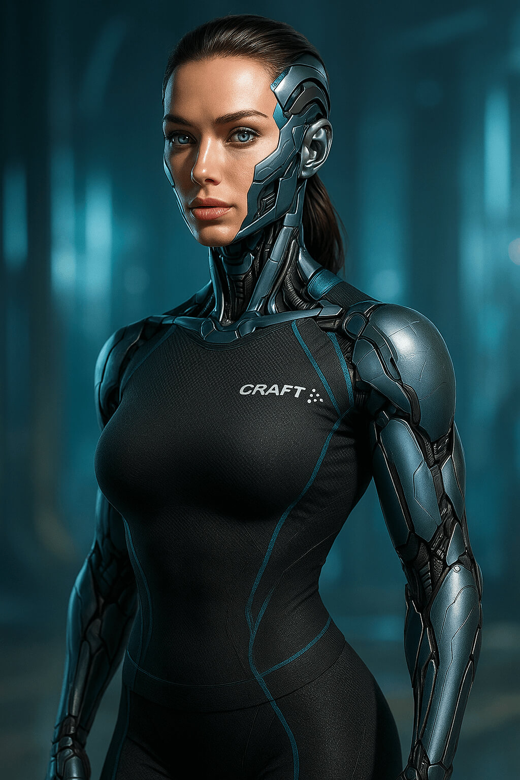 Футуристична жінка-кіборг у чорному термокостюмі Craft зі сталевими вставками й бірюзовими акцентами стоїть у високотехнологічному інтер’єрі; її половина обличчя й рука металеві, а на грудях чітко видно логотип Craft.