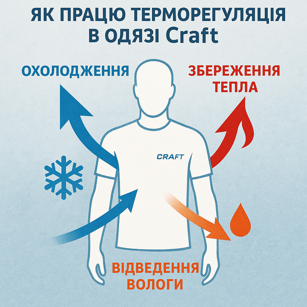 Як працює терморегуляція в одязі Craft: охолодження, збереження тепла та відведення вологи — інфографіка з фігурою у футболці Craft та кольоровими стрілками