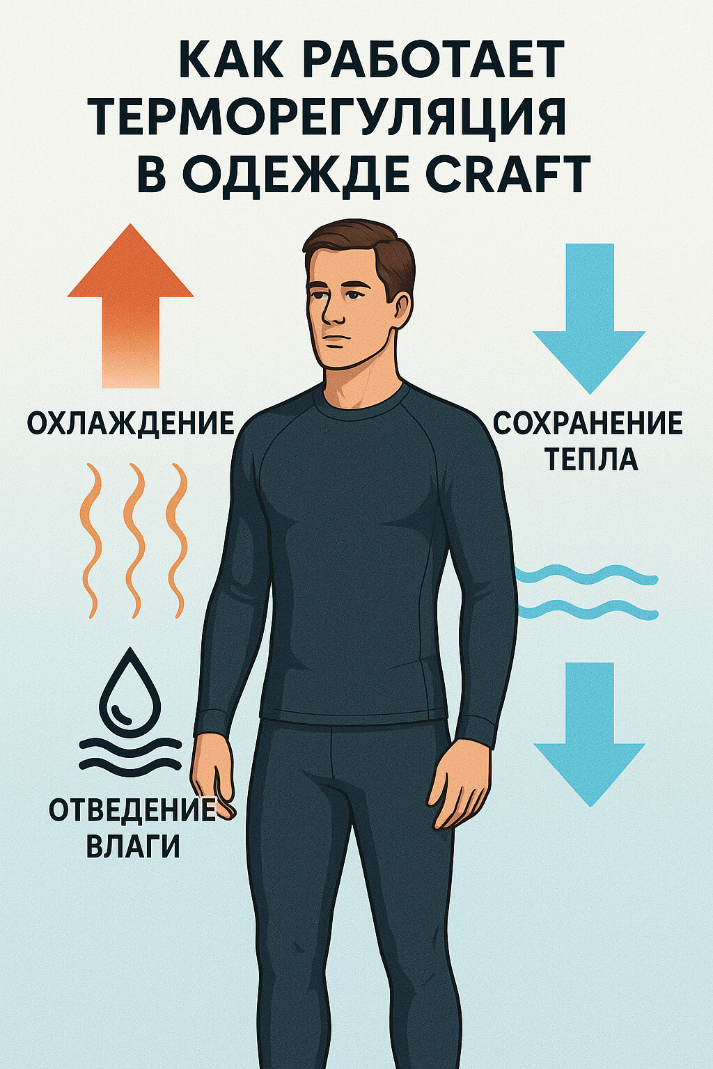 Инфографика: как работает терморегуляция в одежде Craft — охлаждение, сохранение тепла и отведение влаги с визуальными стрелками и символами