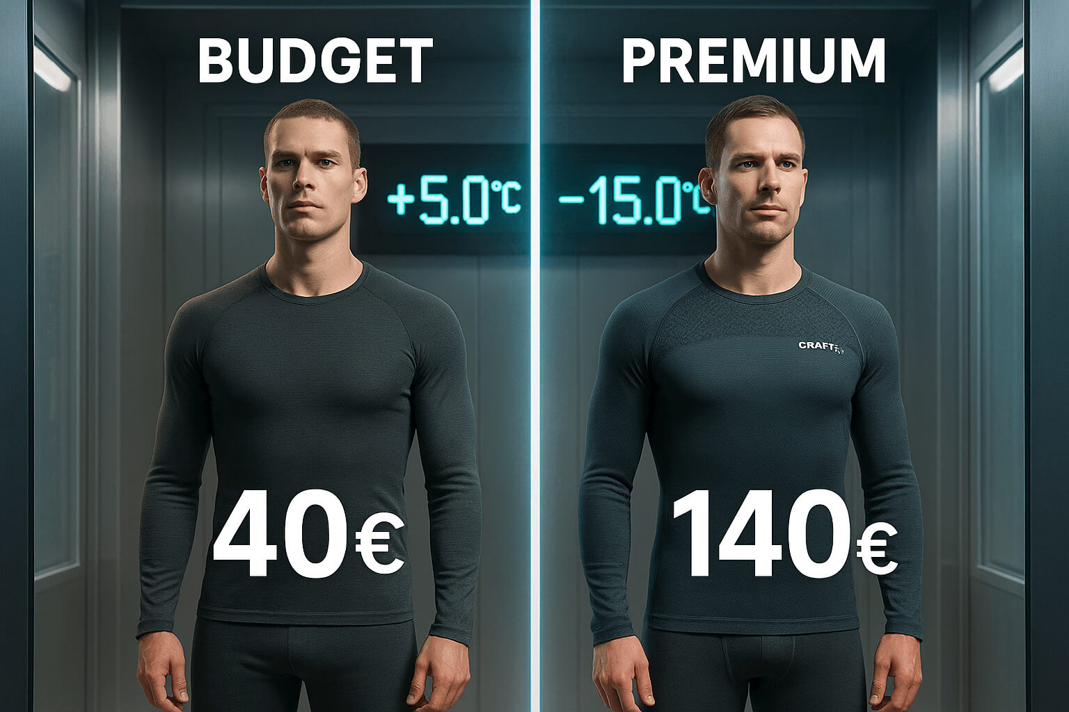Сравнительное фото: слева мужчина в бюджетном термобелье SprintPoly за 40 €, справа мужчина в премиальном комплекте Craft Core Warm за 140 €; позади табло +5 °C и −15 °C в климатической камере