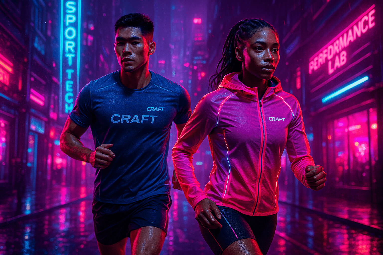 Двое спортсменов в спортивной одежде Craft на неоновом киберпанк-фоне мегаполиса; ночная тренировка, футуристические текстуры и светящиеся детали.