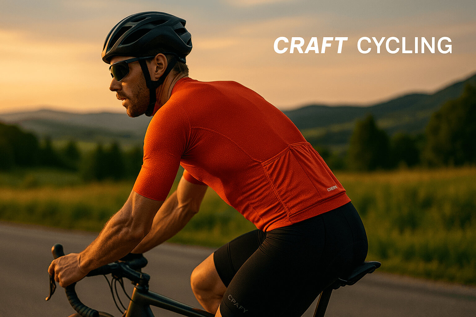 Професійний велосипедист у яскравому велоджерсі Craft їде шосею на заході сонця; реалістична фактура тканини, аеропосадка, видно задні кишені та шолом, на тлі пагорби.